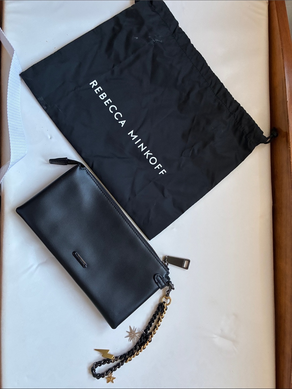 Rebecca Minkoff Black Leather Wristlet with Chain Charm